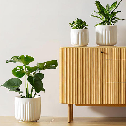 LE TAUCI Fluted Ceramic Planters Set of 3 – 8.3/7 / 5.7 in White Cylinder Indoor Plant Pots with