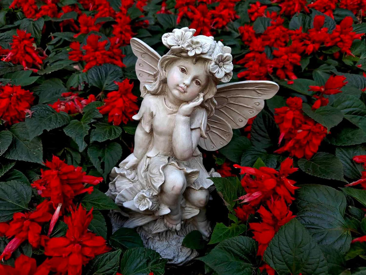 MeritMode 12.8" Fairy Garden Outdoor Guardian Angel Statue - Waterproof Resin with Flower Base