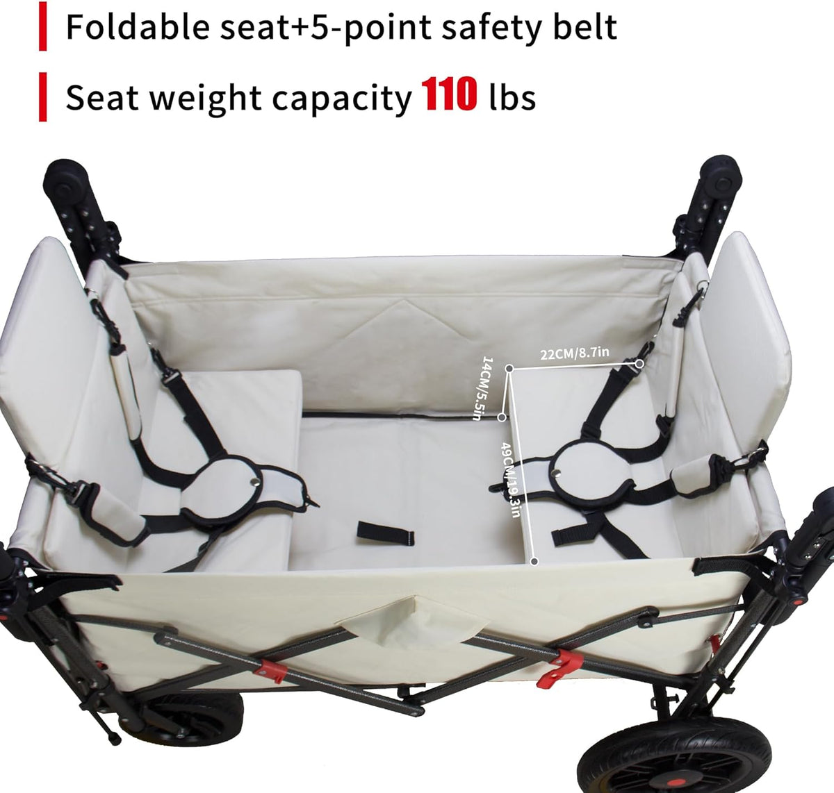Foldable Wagon with Canopy - Collapsible Utility Cart with 2 Seats & Belts, Adjustable Handle