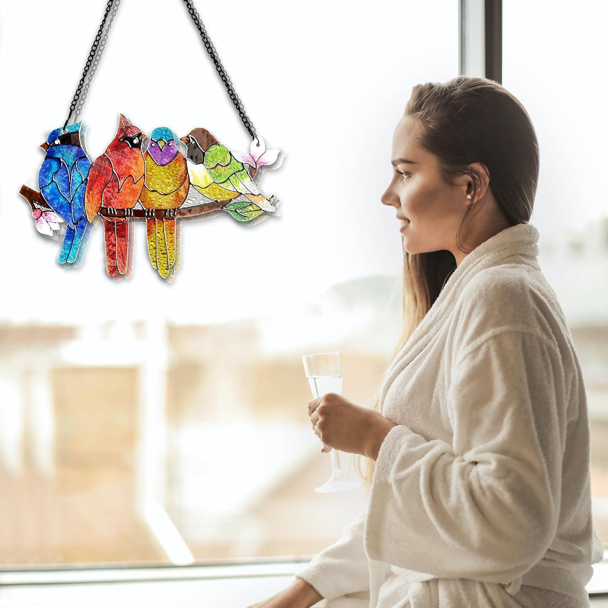 Stained Glass Window Hanging - Birds on A Branch Suncatcher for Window Doors Home Decoration