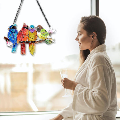 Stained Glass Window Hanging - Birds on A Branch Suncatcher for Window Doors Home Decoration