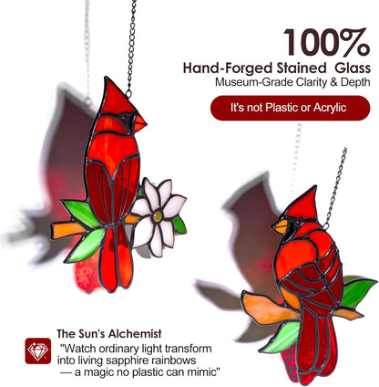 2-Pack Handmade Cardinal Stained Glass Window Hanging Suncatchers – Memorial Gifts for Women, Bird