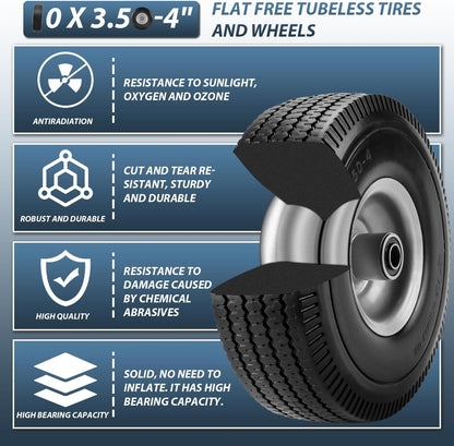 Cenipar 10" 4.10/3.50-4" Flat Free Tire and Wheel 10" Polyurethane Solid Tire with 5/8" Bearings