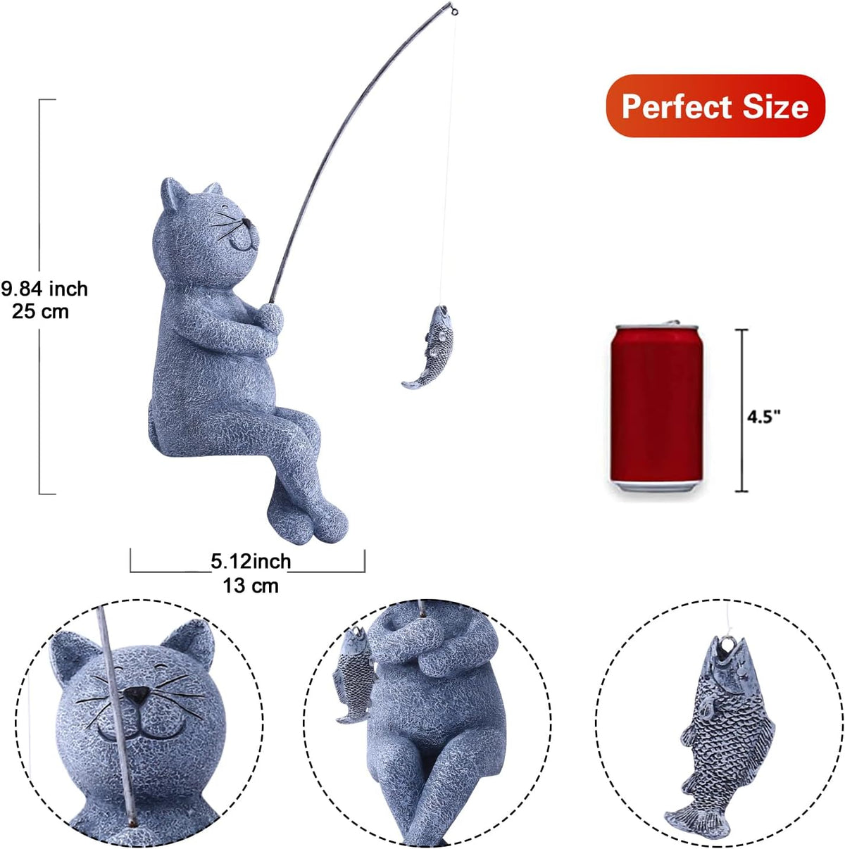 Goodeco Fishing Cat Garden Statue – 10" Little Cat Fisher for Garden Pond Decor, Poolside Statue