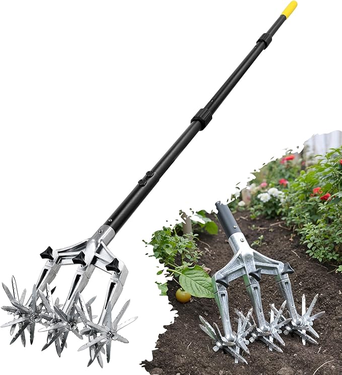 Colwelt Rotary Cultivator Garden Tool 61’’, Hand Tiller Garden Tool with Detachable Aluminum Tines
