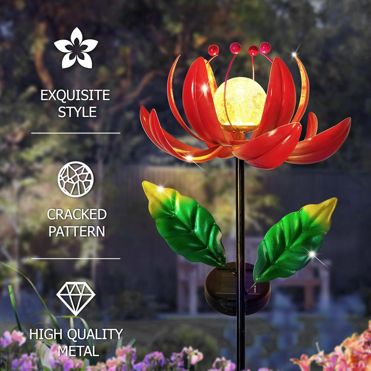Solar Lights Outdoor Wind Spinners, Metal Lotus Flower Garden Decor with Waterproof LED Crackle