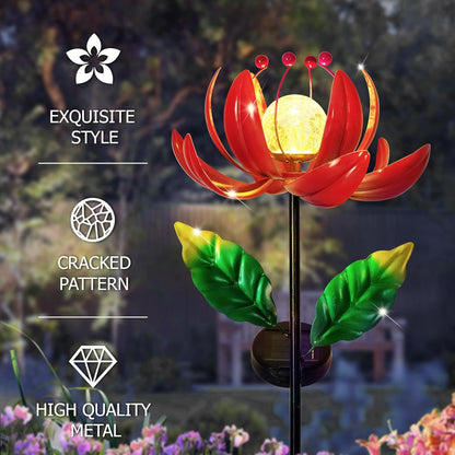 Solar Lights Outdoor Wind Spinners, Metal Lotus Flower Garden Decor with Waterproof LED Crackle