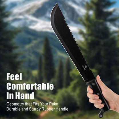 REAT Machete with Saw, 17" Full Tang Fixed Blade Hunting Knife with Sheath, Ergonomic No-Slip