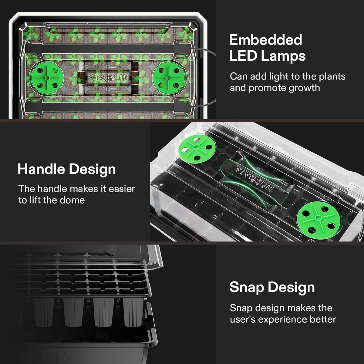 VIVOSUN 6-Pack Seed Starter Trays, 240-Cell Seed Starter Kit with 2 Set of LED Lights, 3.6" Higher