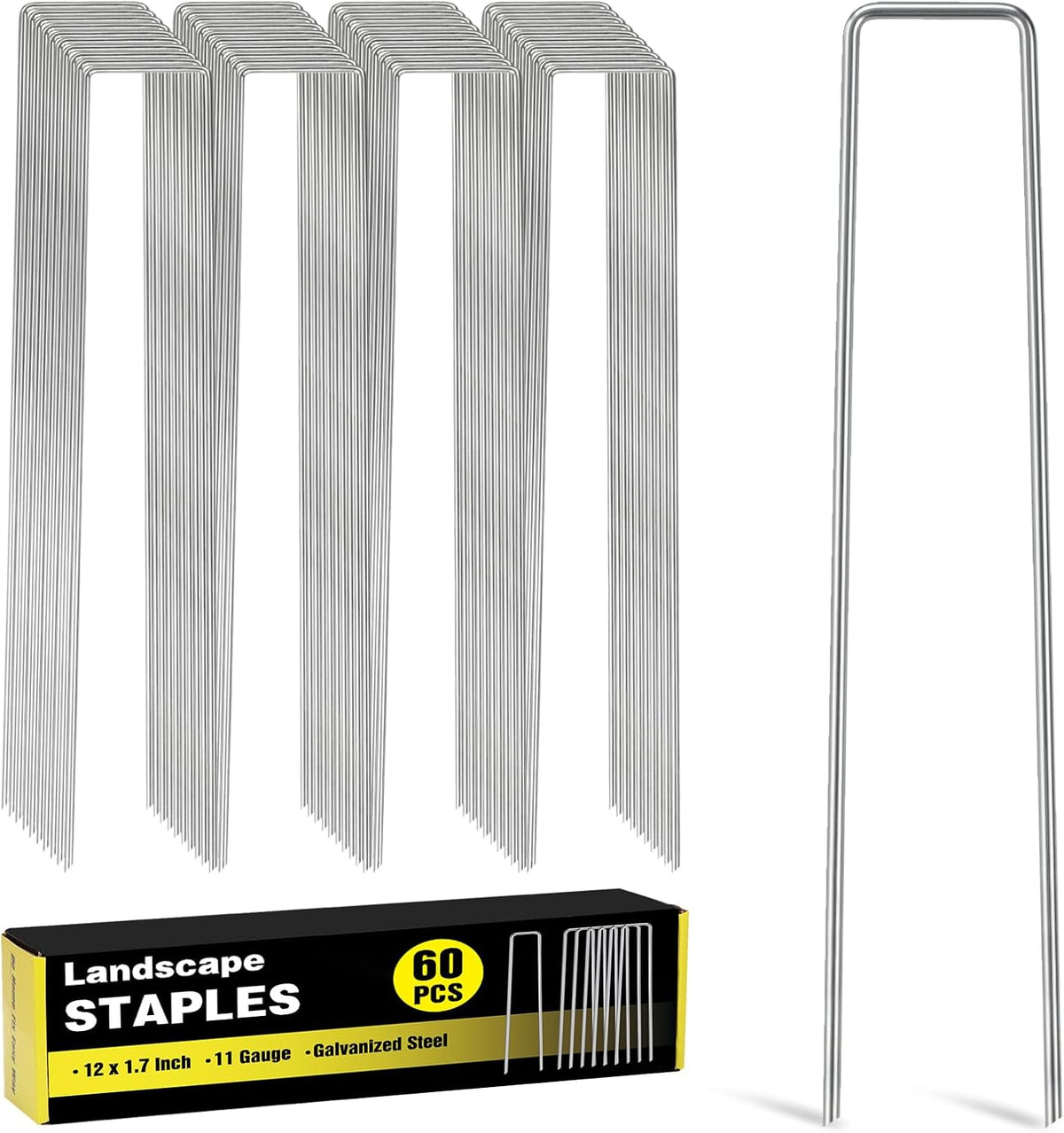HongWay 60 Pack 12 Inch Landscape Staples, Tent Stakes Heavy Duty Galvanized 11 Gauge Garden Pins