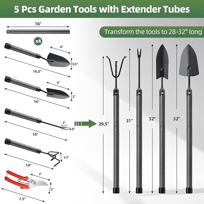 Garden Tool Set, 5Pcs Garden Tools with Extensions, Heavy Duty Rustproof Metal Gardening Tool