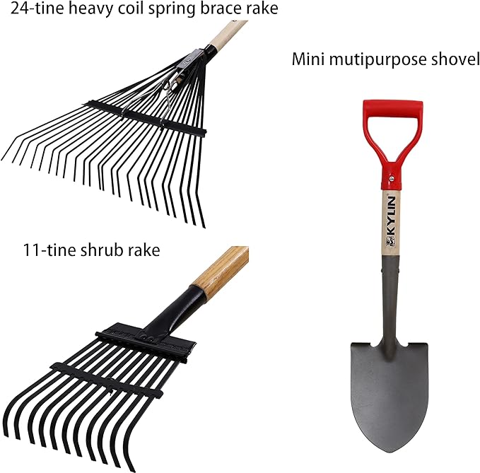 GardenAll 7-Piece Shovels Rakes Hoe Set Garden Tools Gifts for Women Long Wood Handle Pointy