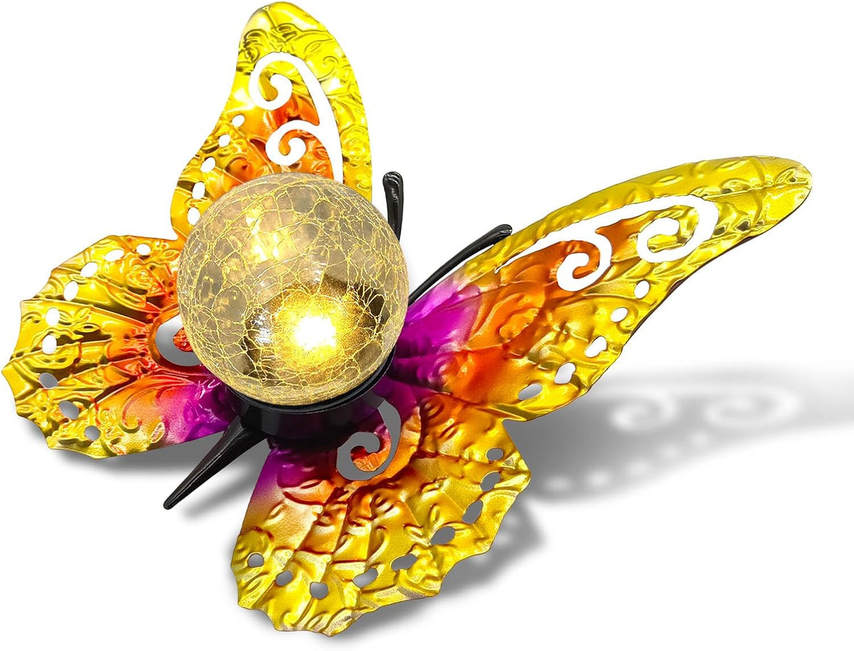 Solar Lights Outdoor Garden Butterfly Decor, Metal Butterfly Statue Decoration with LED Crackle