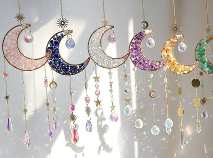 Moon Suncatcher Hanging Decor, Boho Chic Rose Quartz Crystal Sun Catcher, Spritual Sun Light