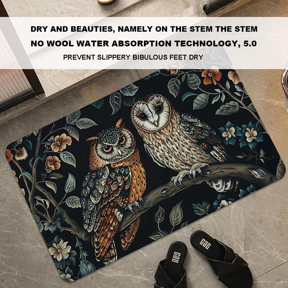 Bath Mat-Bathroom Rug，Two Owls-Absorbent Non Slip Quick Dry Stain Resistant Easy to Clean Care