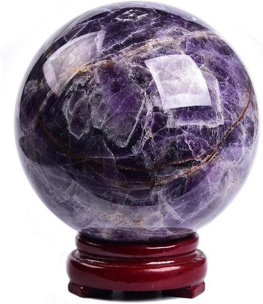 JIC Gem Large Crystal Ball Chevron Amethyst Healing Crystals Sphere with Wooden Stand Meditation