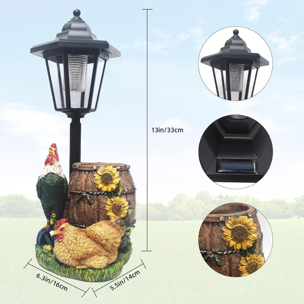 Rooster Statues Outdoor Solar Sculptures with Solar Lights and Flowerpot Funny Garden Decor Animal