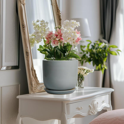 Ceramic Planter for Indoor Outdoor Plants - Cylinder Decorative 8 Inch Plant Pot with Drainage Hole