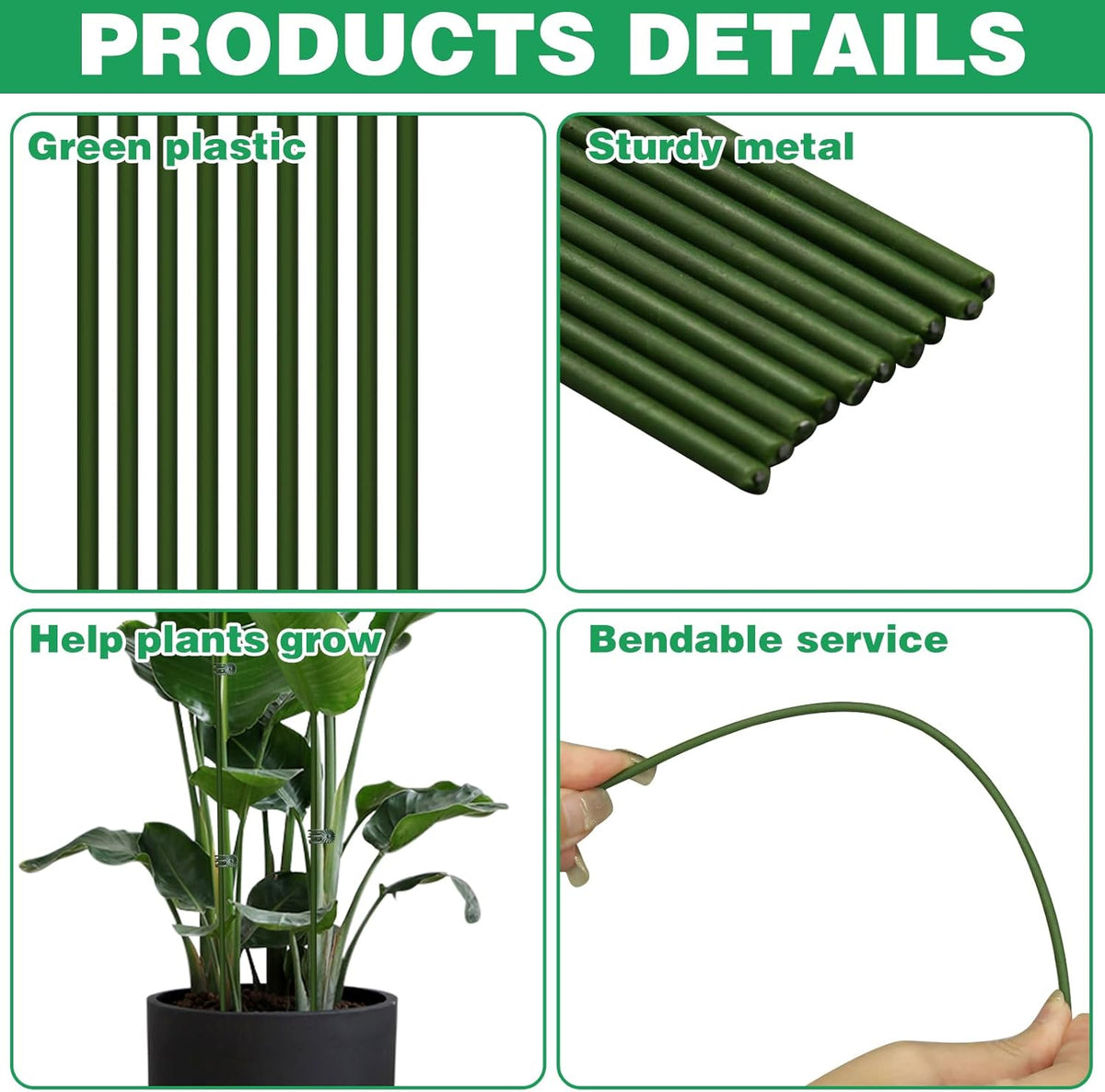 10pcs Green Plant Support Stakes with 15pcs Clips, Bendable Stakes for Tall Plants, Indoor &