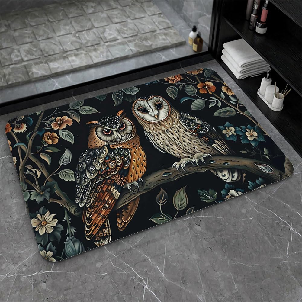 Bath Mat-Bathroom Rug，Two Owls-Absorbent Non Slip Quick Dry Stain Resistant Easy to Clean Care