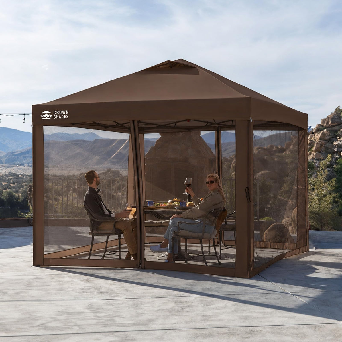 CROWN SHADES Gazebo 10x10 Pop Up Canopy with Mosquito Netting, Coffee