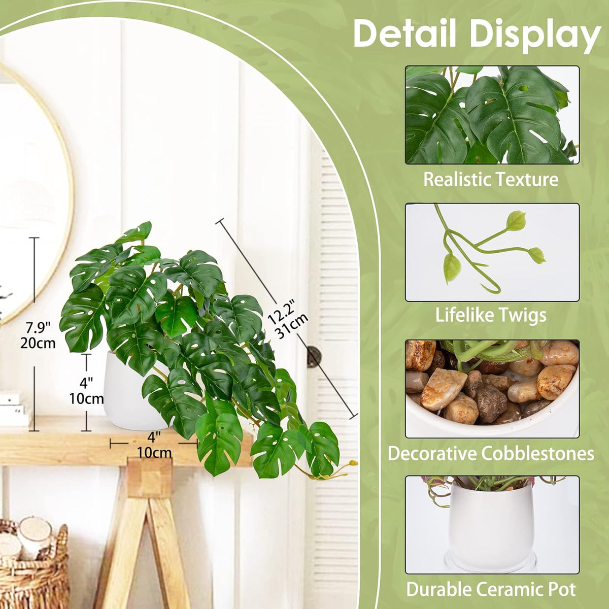 DILATATA Fake Plants Indoor 8 Inch Artificial Monstera Plant in White Ceramic Pot - Faux Potted
