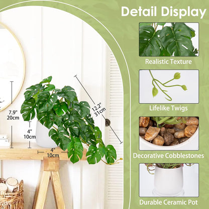 DILATATA Fake Plants Indoor 8 Inch Artificial Monstera Plant in White Ceramic Pot - Faux Potted