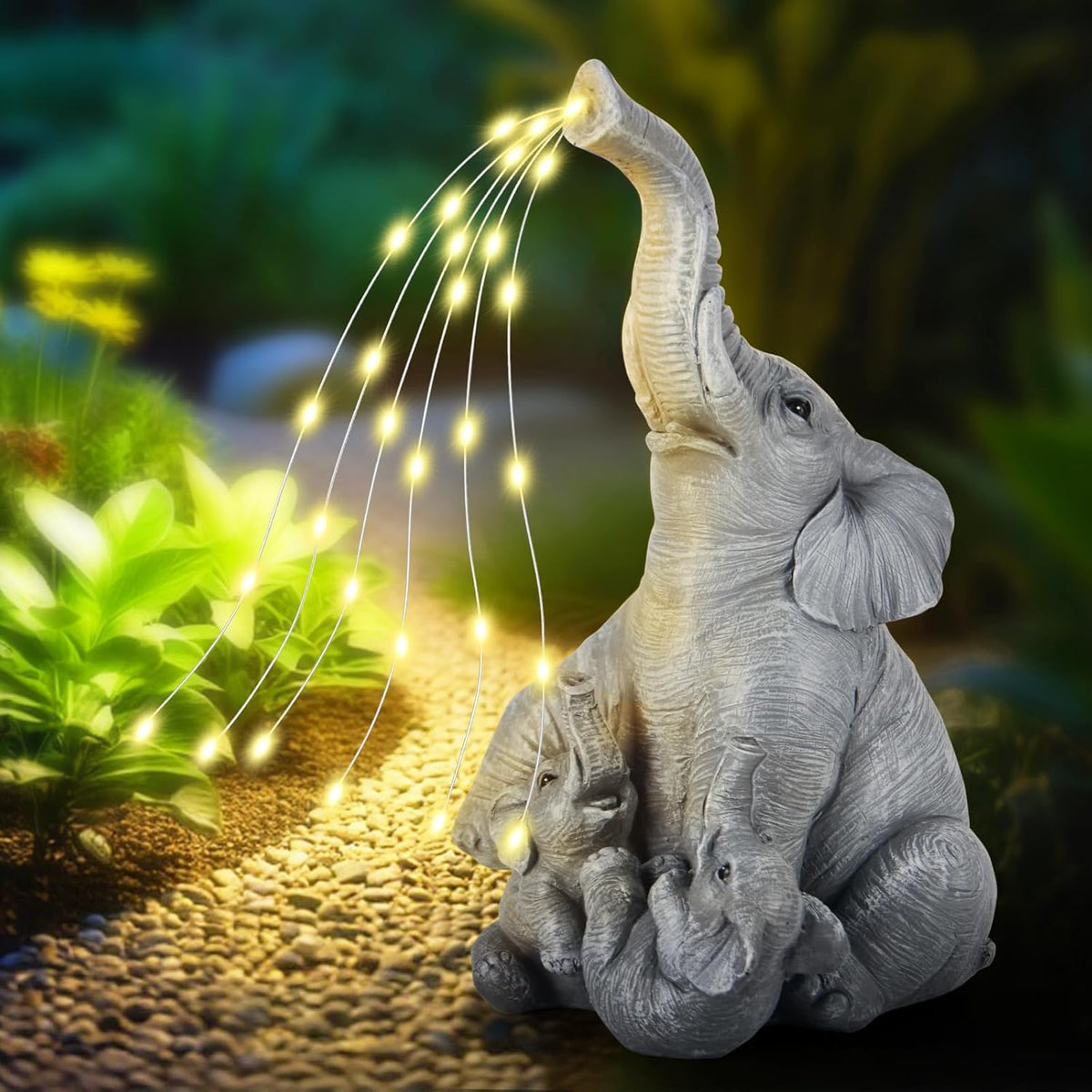 Solar Garden Decor Statue – Outdoor Unique Elephant Family Resin Figurine for Patio, Yard, Lawn