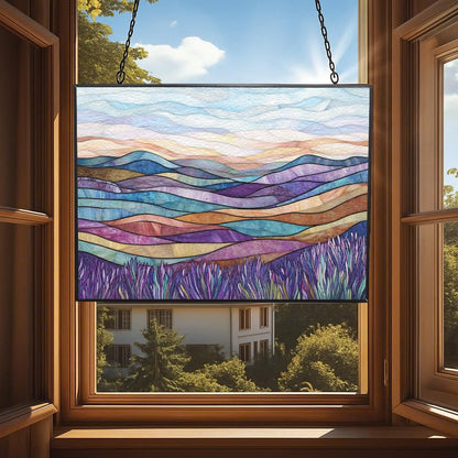 Personalized Rectangle Boho Lavender Hills Stained Glass Window Hangings Stained Glass Suncatcher