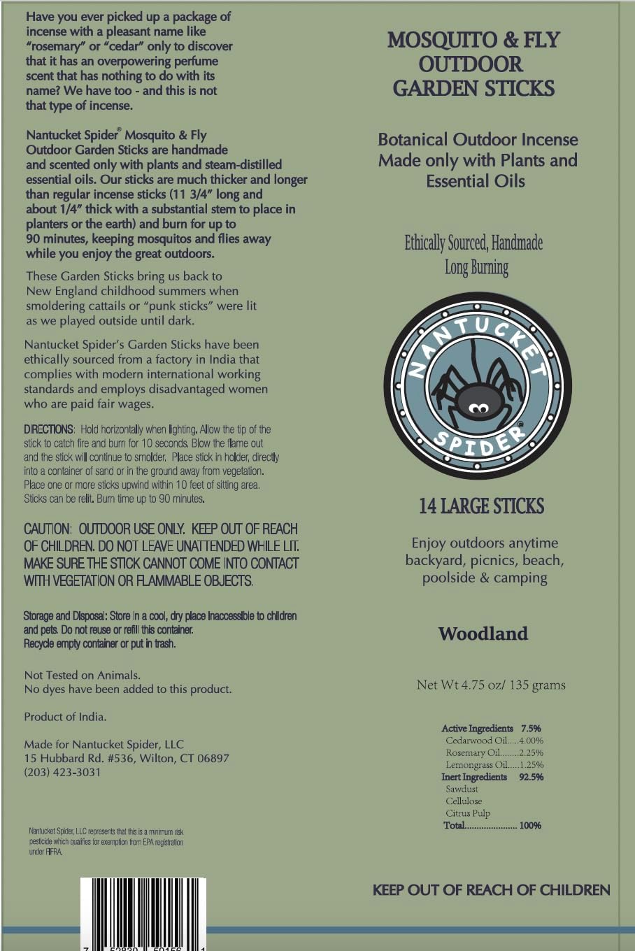 Nantucket Spider Mosquito Repellent Sticks 14 Pack and Holder | Repels Mosquitoes & Flies | Slate