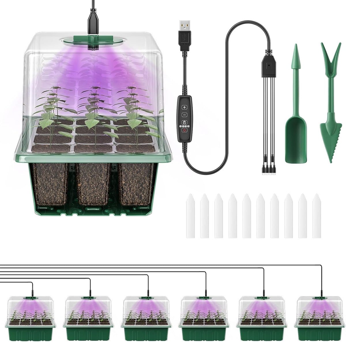 Pawfly 6 Pack Seed Starter Kit, 72 Cells, Seed Starter Trays with Adjustable Grow Lights & 3.9"