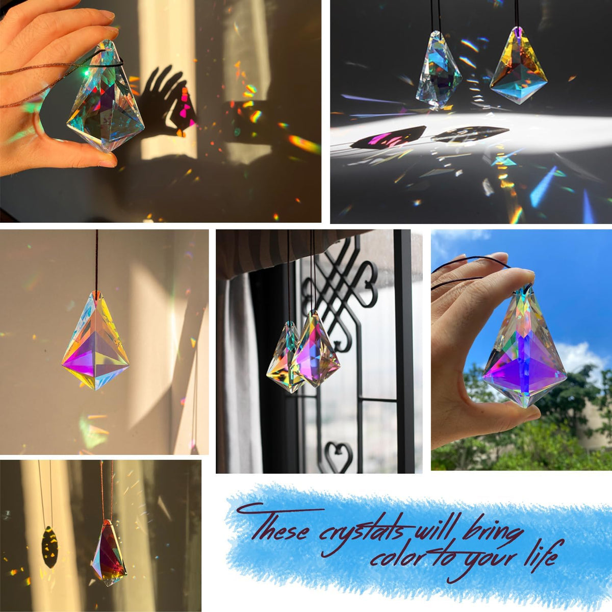 2PCS 5" Large Crystal Sun Catcher Prisms, STINO Hanging Suncatchers with Glass Prism, Rainbow Maker