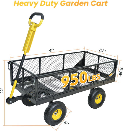 950 lbs Steel Garden Cart, Heavy Duty Yard Utility Wagon with 10" Pneumatic Tires, Removable Mesh