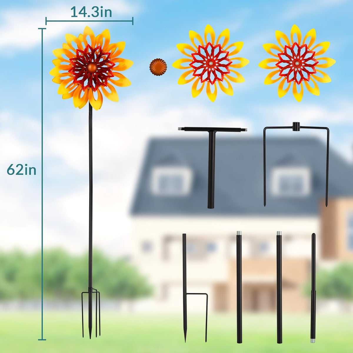 Sunflower Wind Spinners, 360 Degrees Swivel Metal Wind Sculptures, 62" Garden Pinwheels for Yard