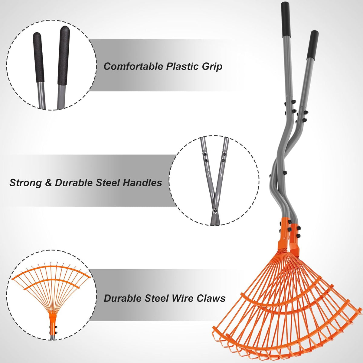 Walensee Leaf Grabber Rake with Long Steel Handle, Heavy Duty Leaf Picker Upper & Garden Claw