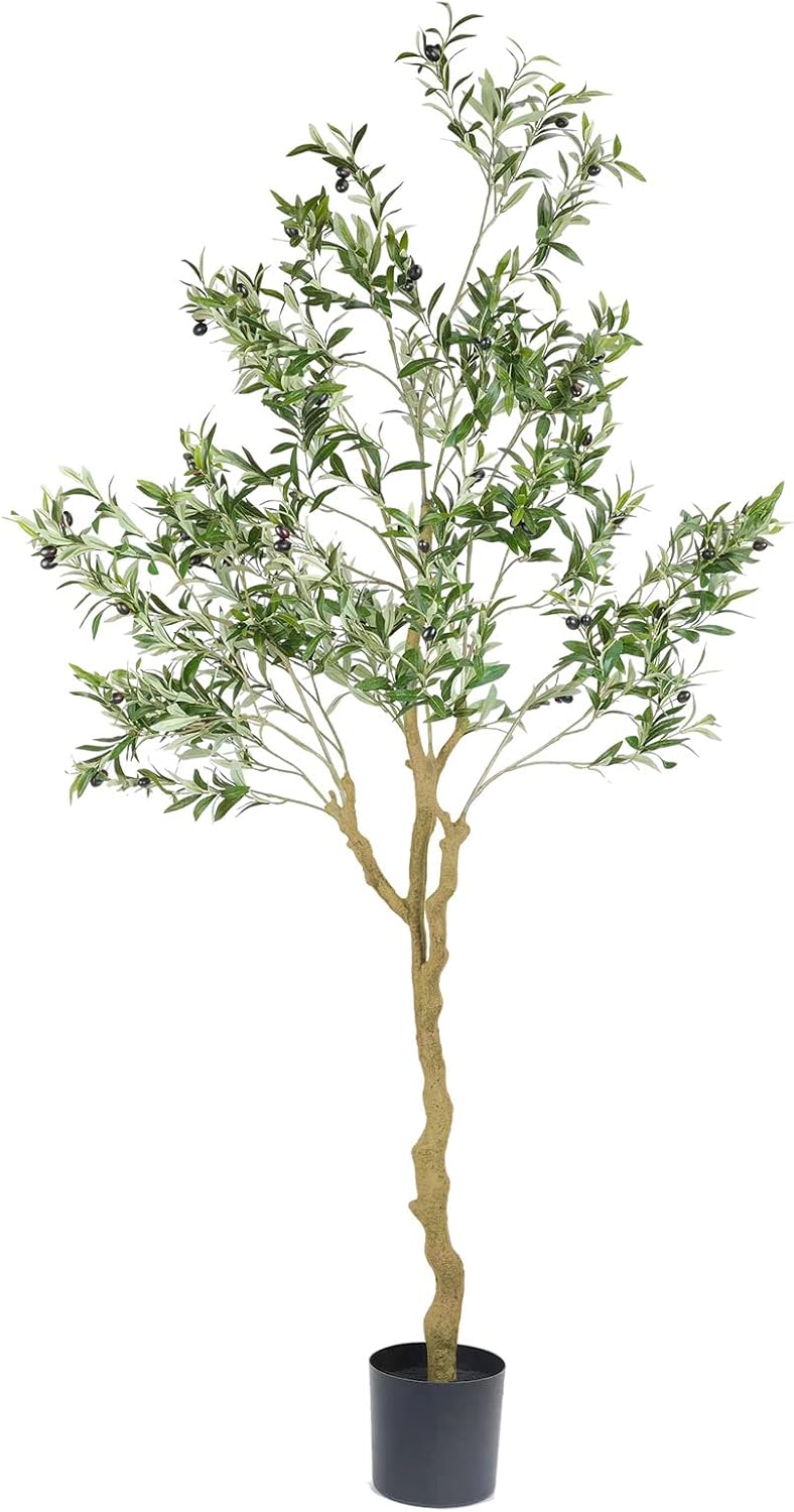 Tall Faux Olive Tree，7ft（84in） Realistic Potted Silk Artificial Indoor with Green Leaves and Big