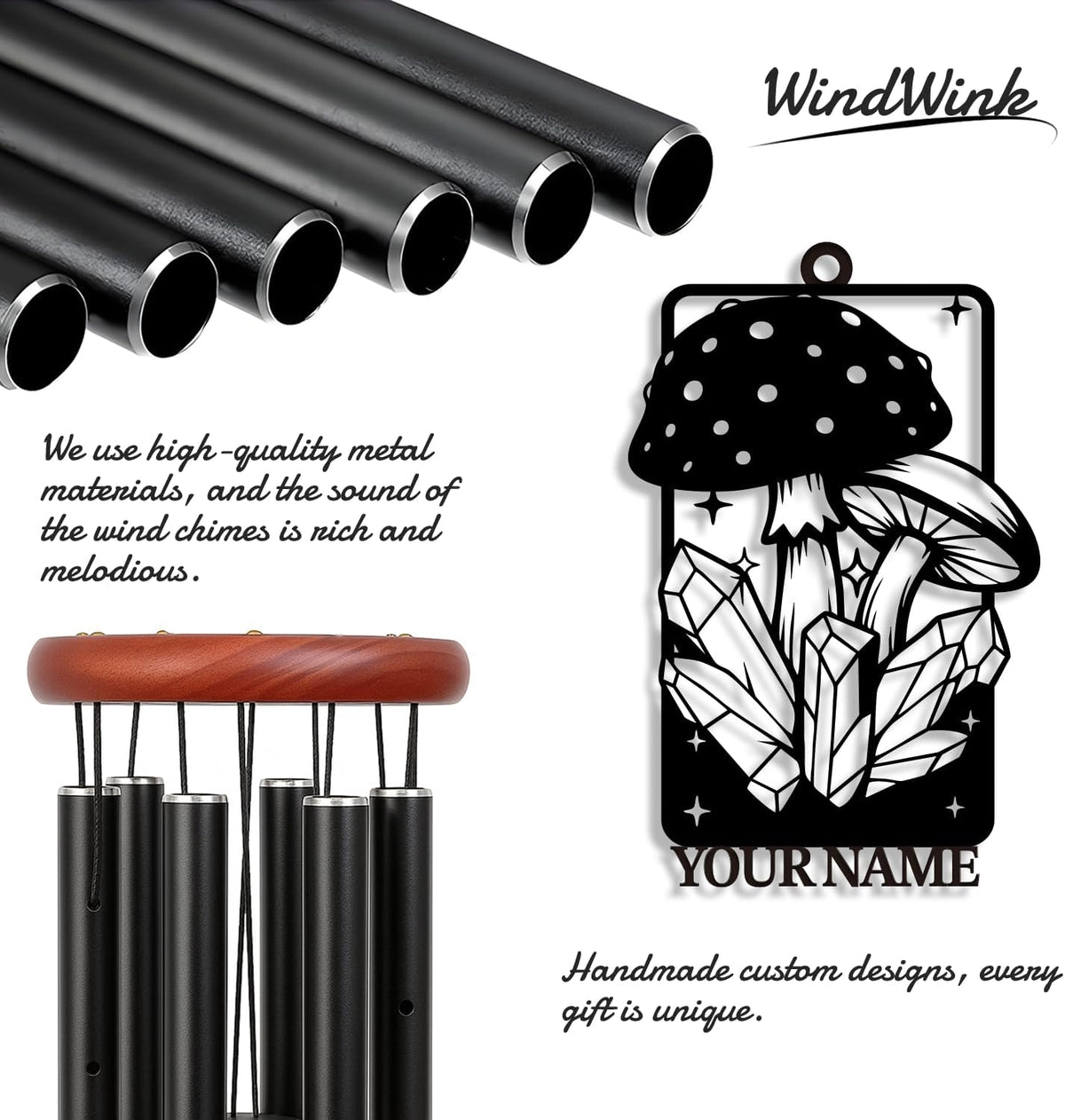 Personalized Customize Name Fantasy Mushroom Wonderland Wind Chime, Metal Iron 37 Inch Outdoor