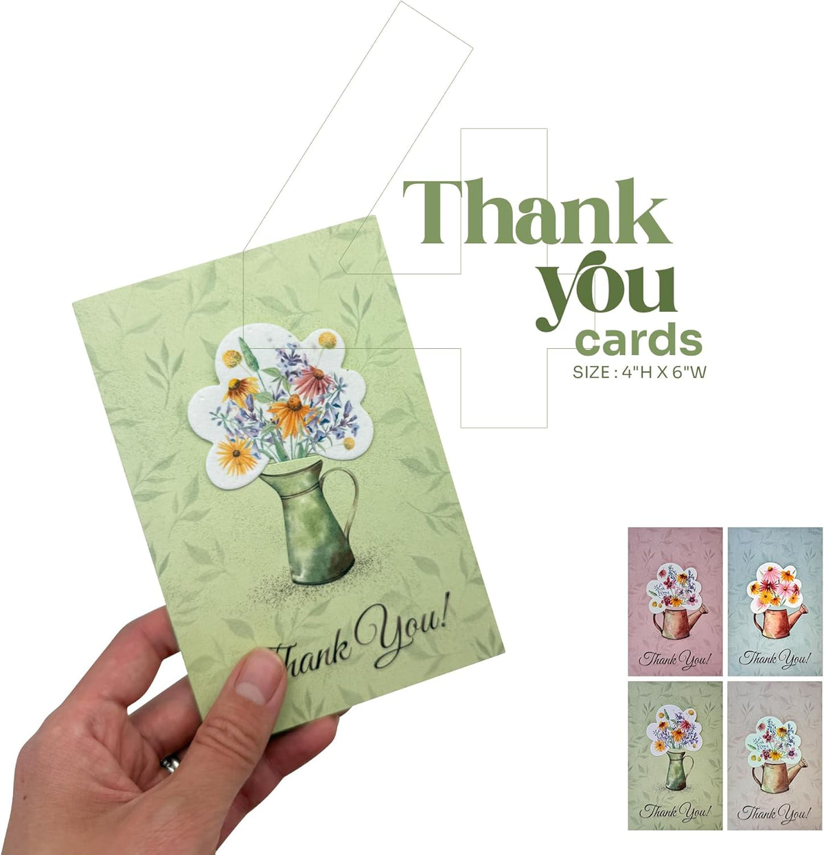 Seed Paper Thank You Cards – 4 Plantable Bouquet Inserts with Wildflower Seeds, 4 Greeting Cards &
