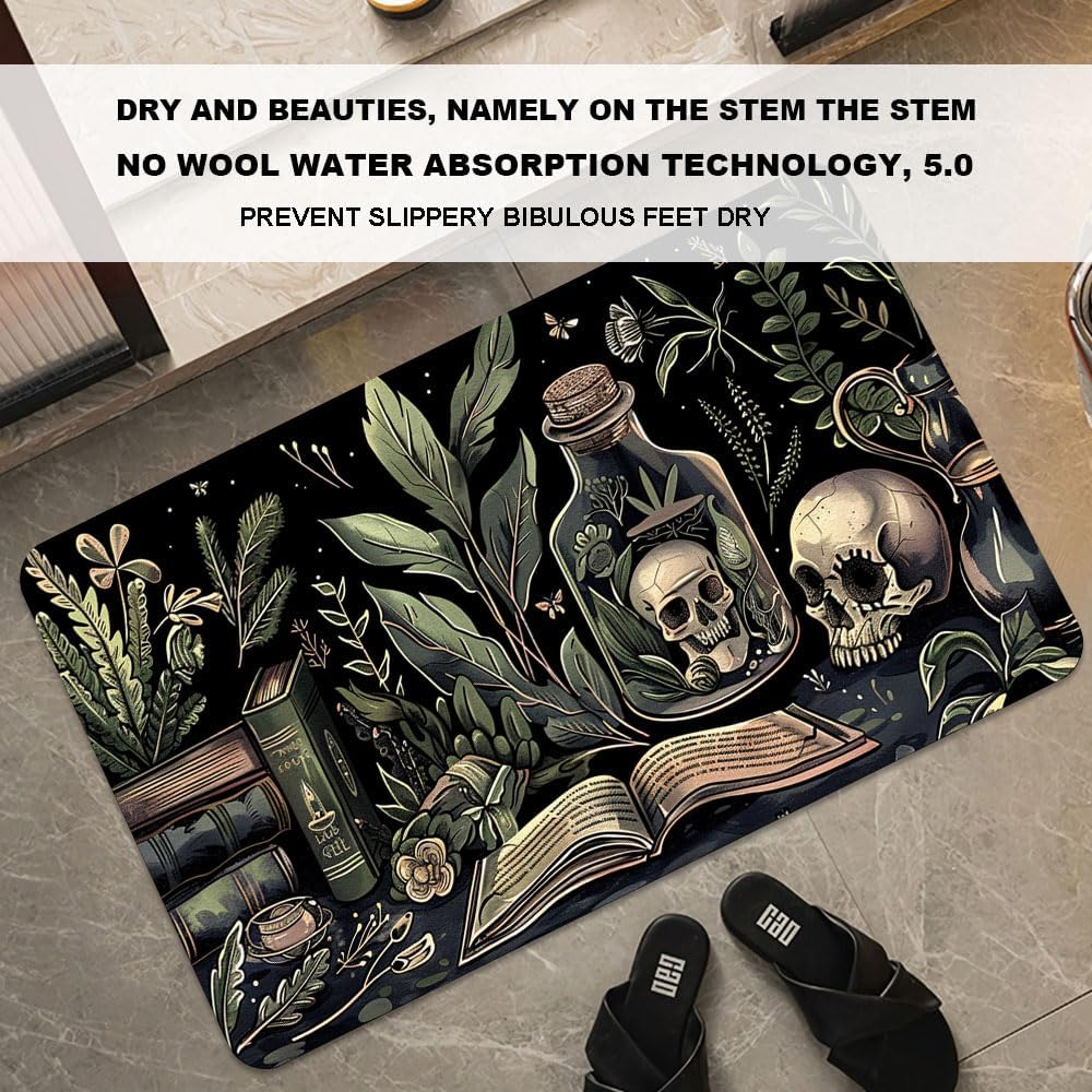 Bath Mat-Bathroom Rug，Books and Skulls-Absorbent Non Slip Quick Dry Stain Resistant Easy to Clean