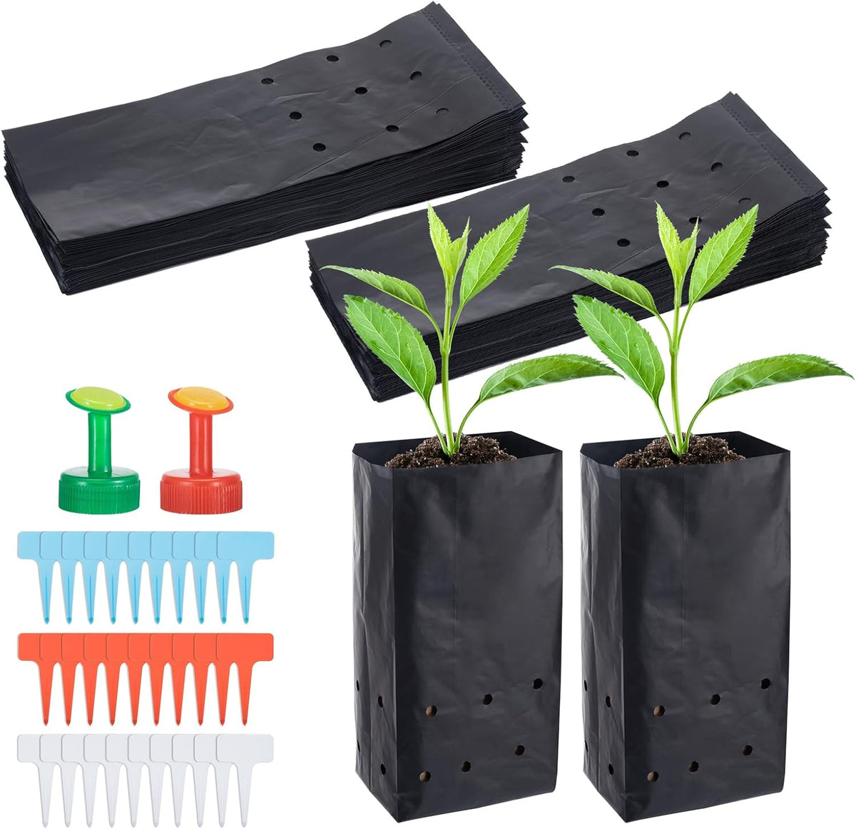 100 Pcs Nursery Growing Bags Seedling Starter Bags with 30 Plant Labels & 2 Mini Watering