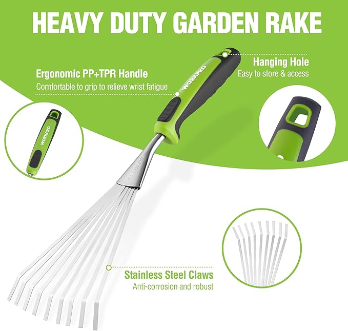 WORKPRO 16" Hand Rake, Heavy Duty Stainless Steel Garden Rake with Soft Handle, Small Garden Hand