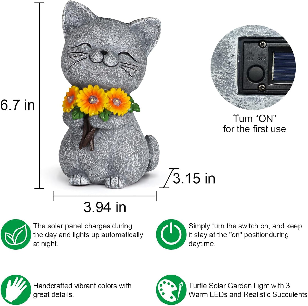 Solar Garden Statues Cat with Daisy and LED Lights Birthday Gifts for Women Mom Grandma Solar
