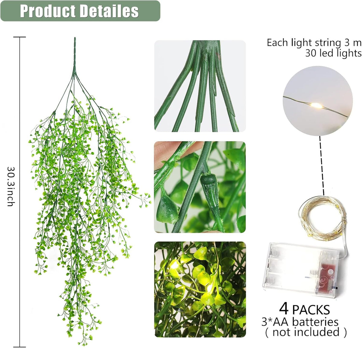 RECUTMS Pack of 4 Ferns Artificial Plants Large Artificial Hanging Plants Faux Ivy Vine Fake