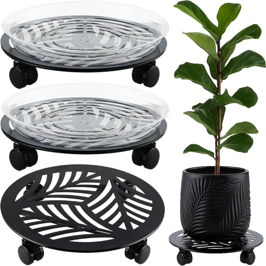 3 Packs 13 inches Large Metal Plant Caddy with PU Wheels Heav-duty Rolling Plant Stands Indoor