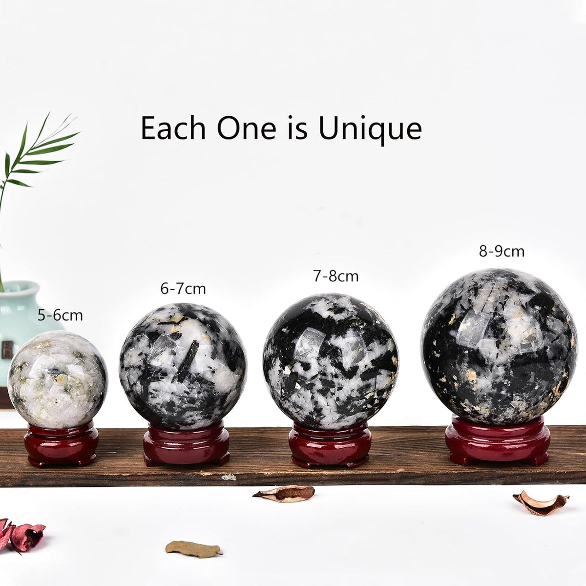 JIC Gem Natural Black and White Tourmaline Crystal Sphere with Wooden Stand Black Quartz Crystal
