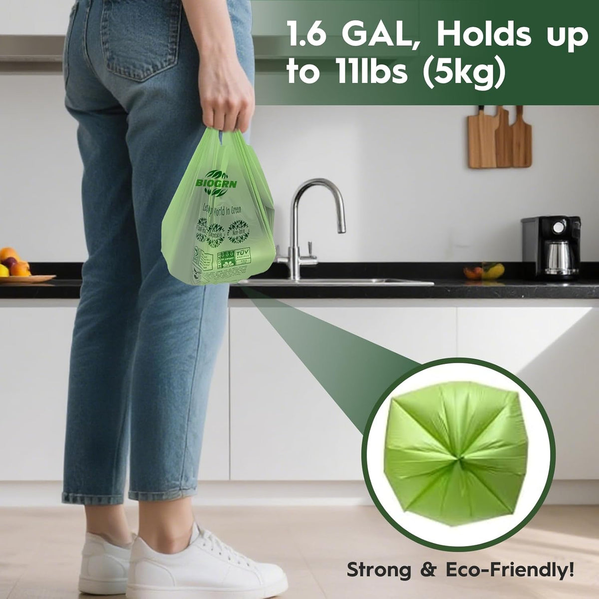 Compostable Trash Bags 1.2-1.6 Gallon Handle Tie 50 Count 0.6 Mil 6.06 Liter Small Compost Bags for