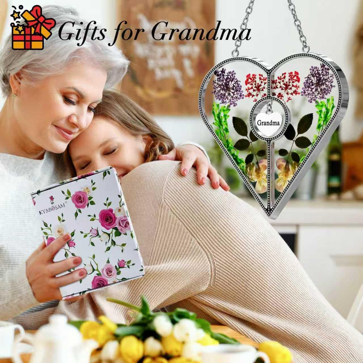 KY&BOSAM Heart Suncatcher Grandma Gifts Stained Glass Panels for Windows Hangings Wind Chime