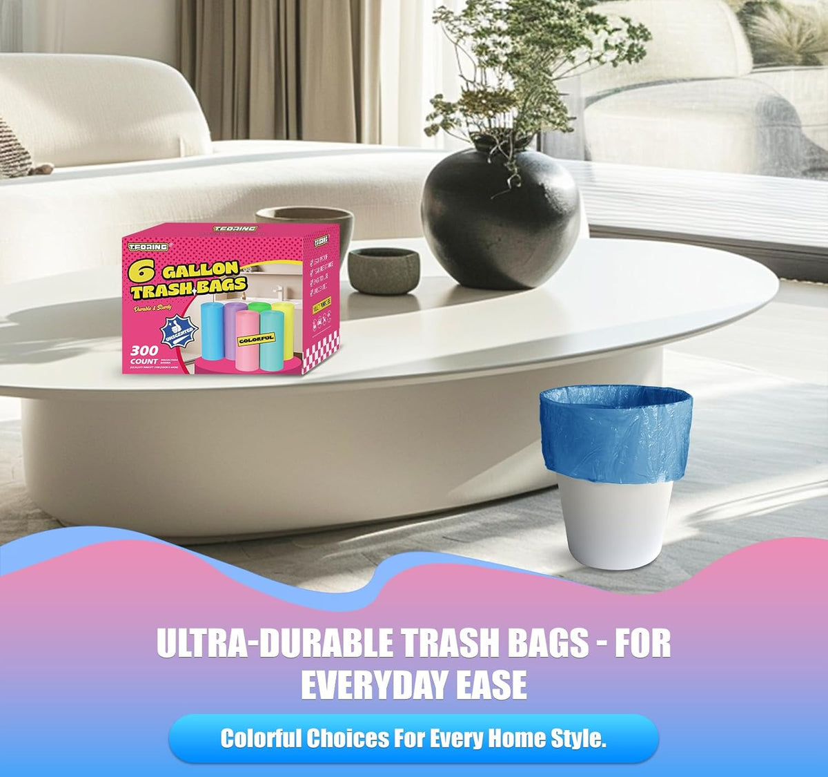 300 Count 6 Gallon Trash Bags - 22 Liter Colored Medium Garbage Bags Unscented 0.94 Mil Thick &