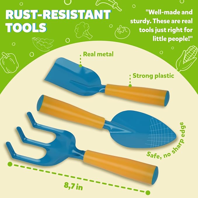 Blue Kids Gardening Tools - Includes Sturdy Tote Bag, Watering Can, Gloves, Shovels, Rake, and