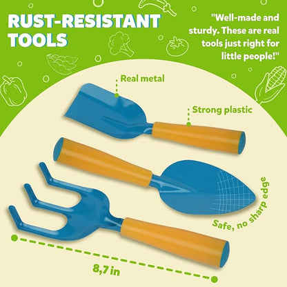 Blue Kids Gardening Tools - Includes Sturdy Tote Bag, Watering Can, Gloves, Shovels, Rake, and